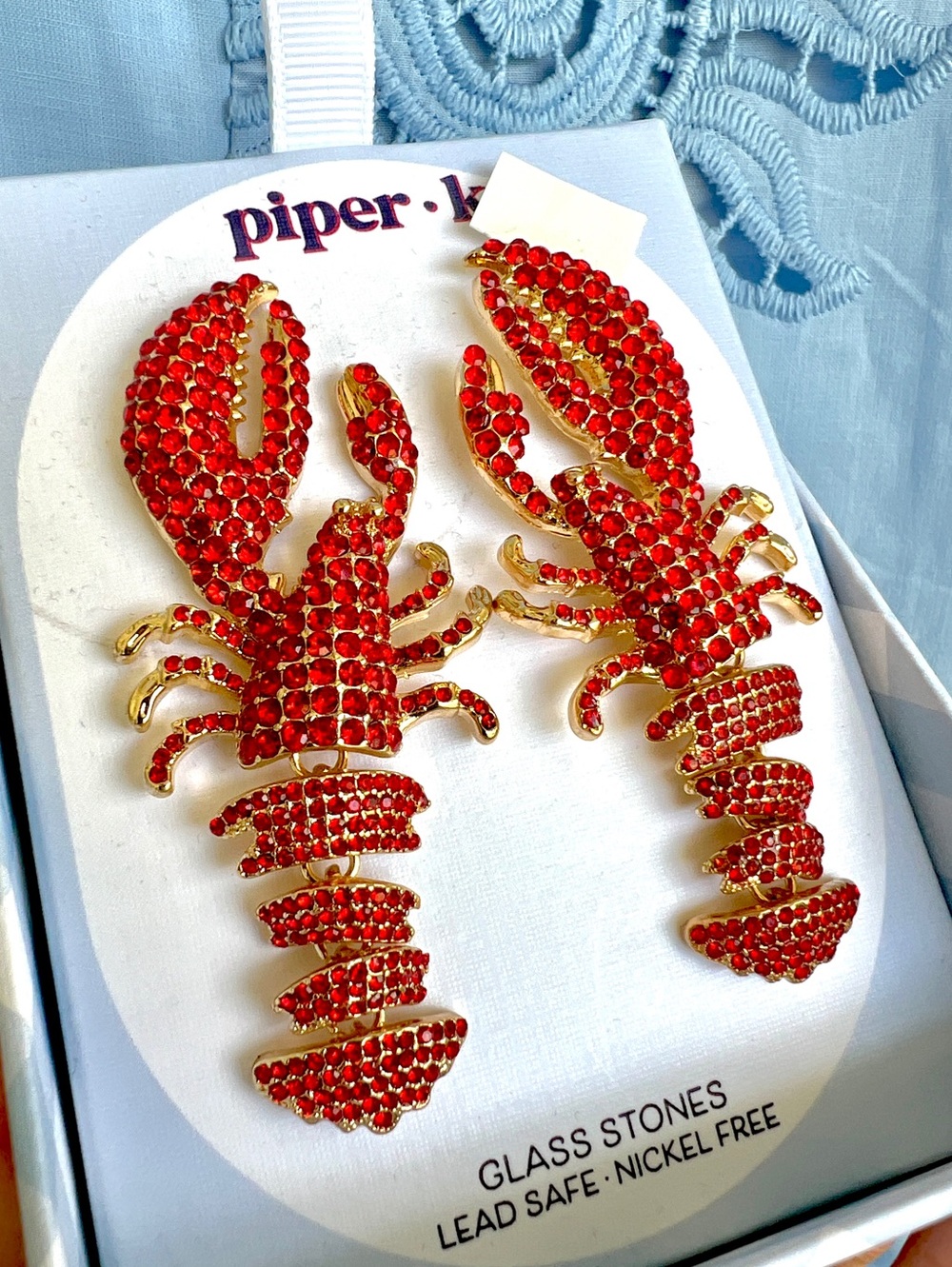 Piper K novelty Lobster 🦞 crystals drop earrings red gold